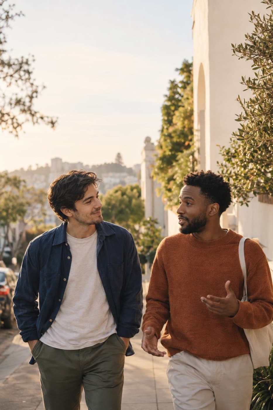Two friends walking and talking on a leafy street
