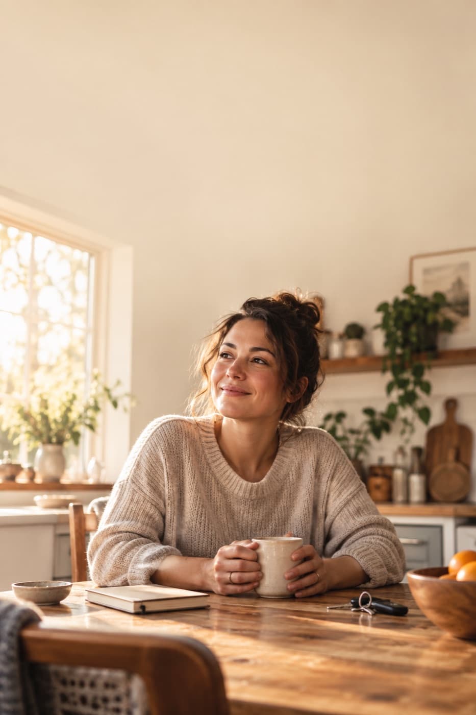 A woman at her kitchen table with a mug, talking through her week