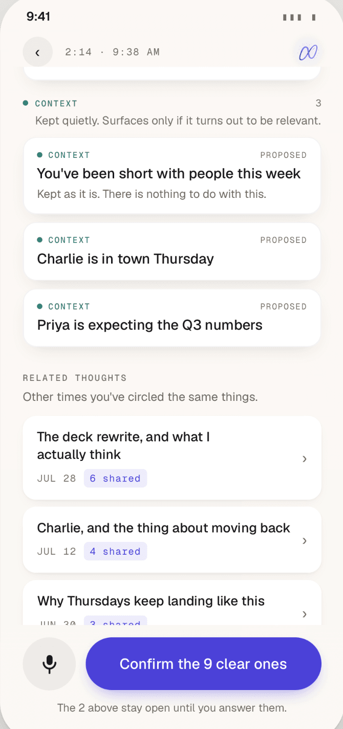 Nuro 3.0 preview showing contextual objects and related thoughts from earlier entries
